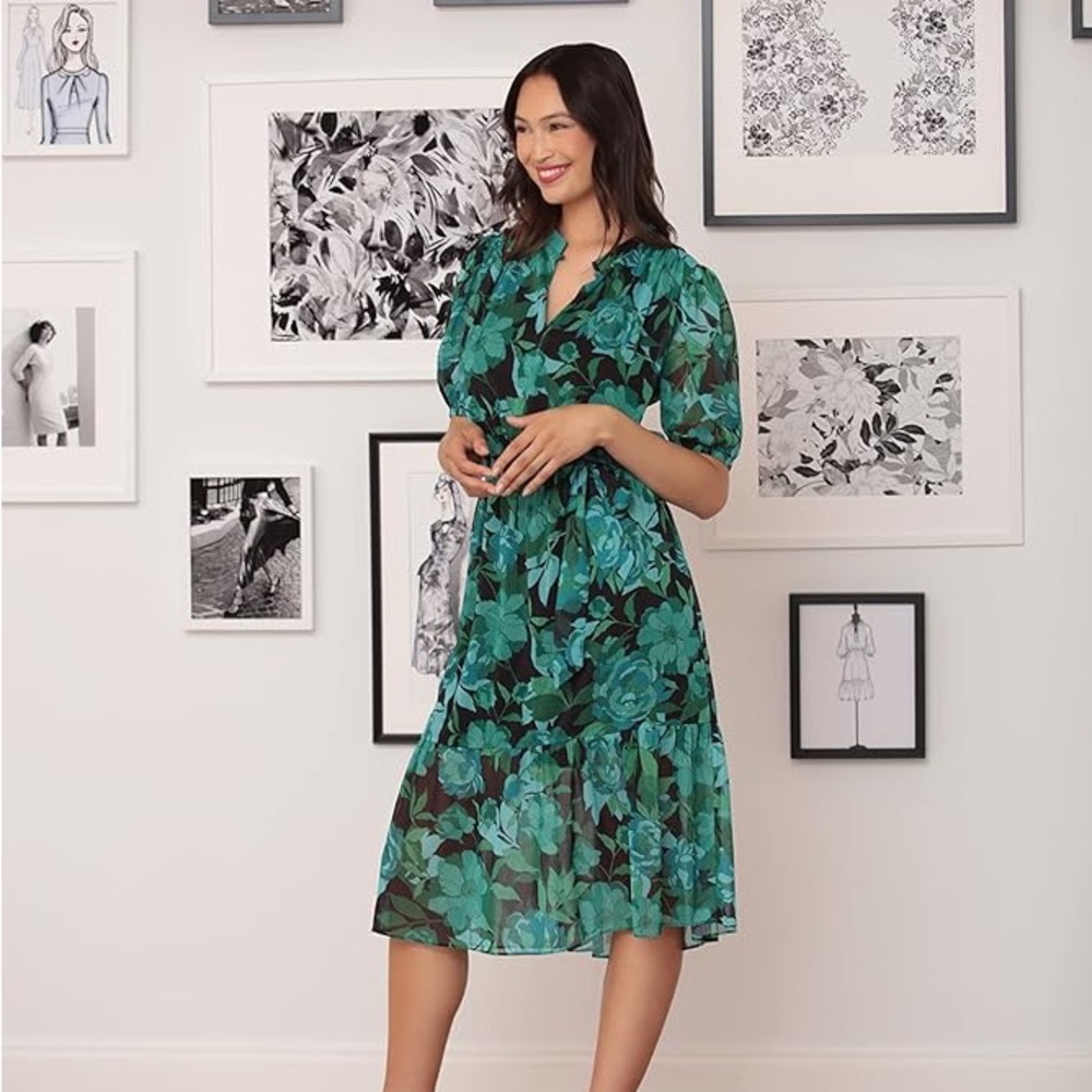London Times Midi Dress- Short Sleeve Button Top - Green Leaf Foliage Print 10P